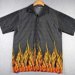 Breakdown Mens Large Black Geometric Flame Print Short Sleeve Button Down Shirt